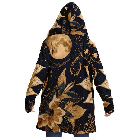 Celestial Blue Hooded Cloak - Sherpa Fleece with Gold Sun and Solar Aesthetics