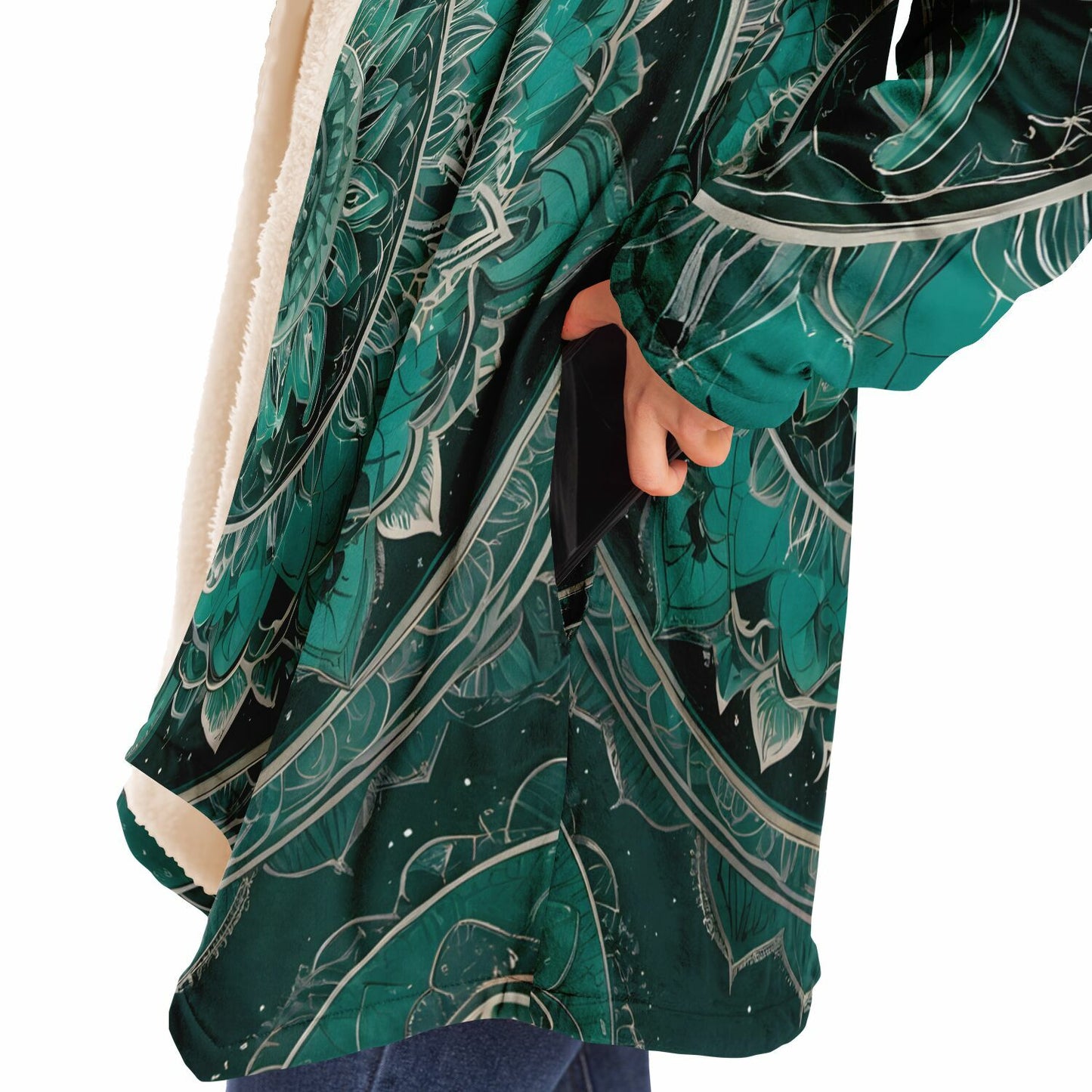 Emerald Mandala Hooded Cloak - Durable Fleece Cloak with Abstract Mandala Pattern