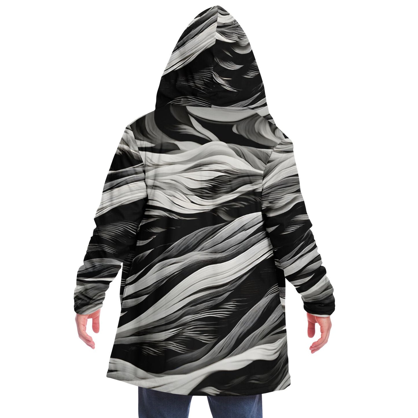Rave Fashion Hooded Cloak - Fleece Lined Festival Wear with Black Swirl Pattern