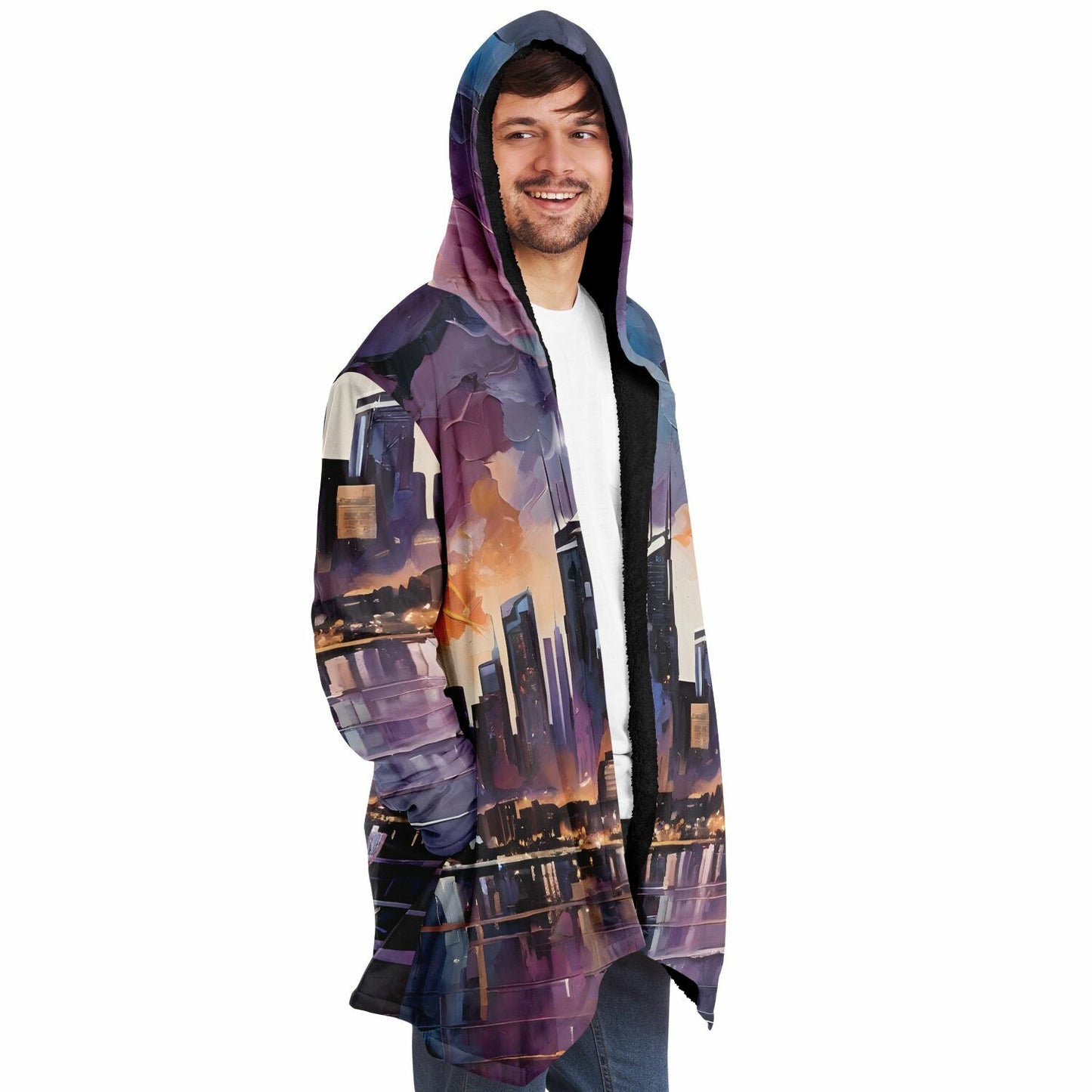 Night Sky Hooded Cloak - Rave Sherpa Fleece Cloak with Wearable Art