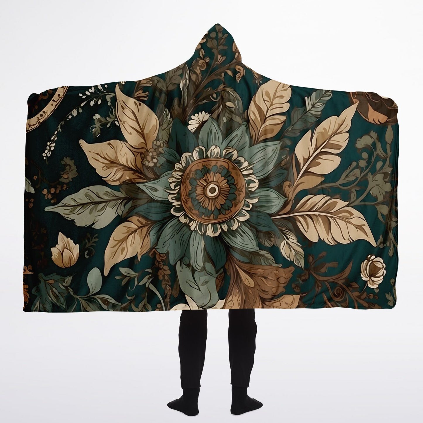 Dark Sage Hooded Blanket - Sherpa Fleece with Boho Floral Green Artwork