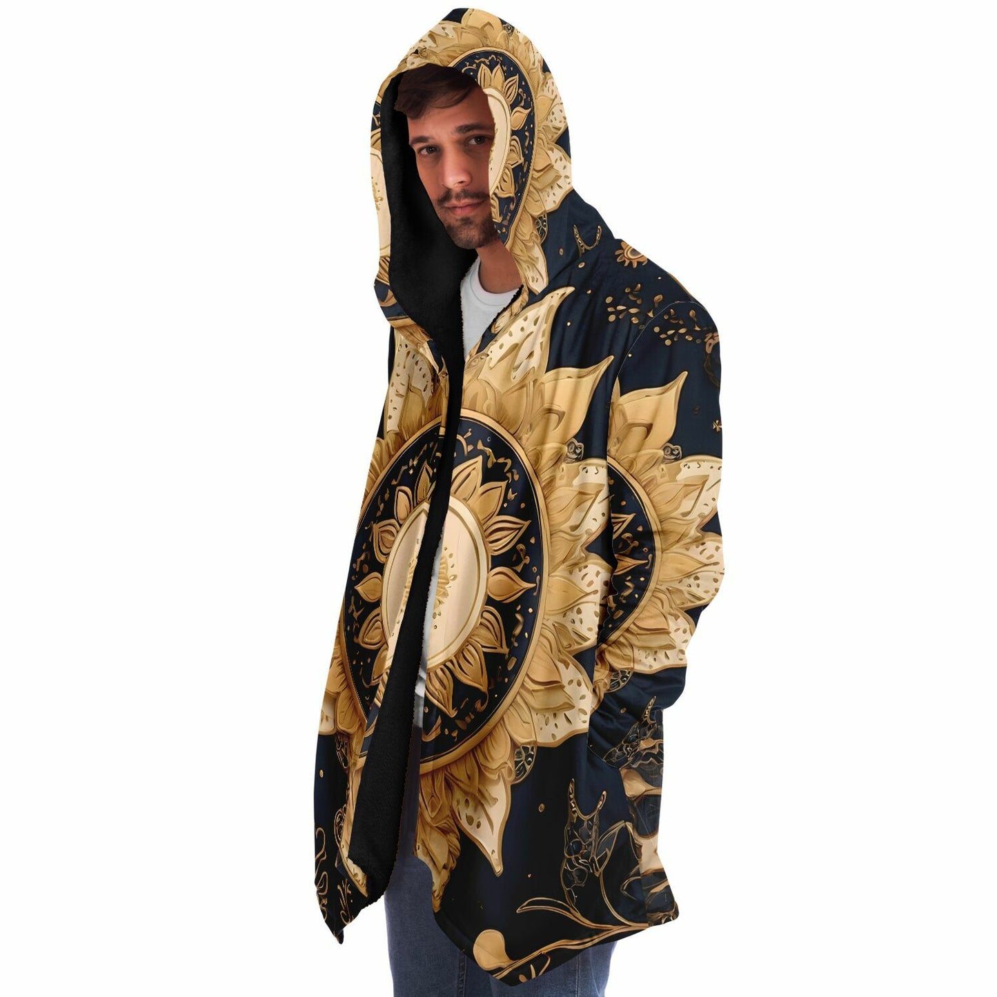Celestial Blue Hooded Cloak - Sherpa Fleece with Gold Sun and Solar Aesthetics