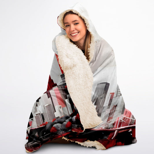 Bold Print Hooded Blanket - Sherpa Fleece with City White and Bold Red Accents