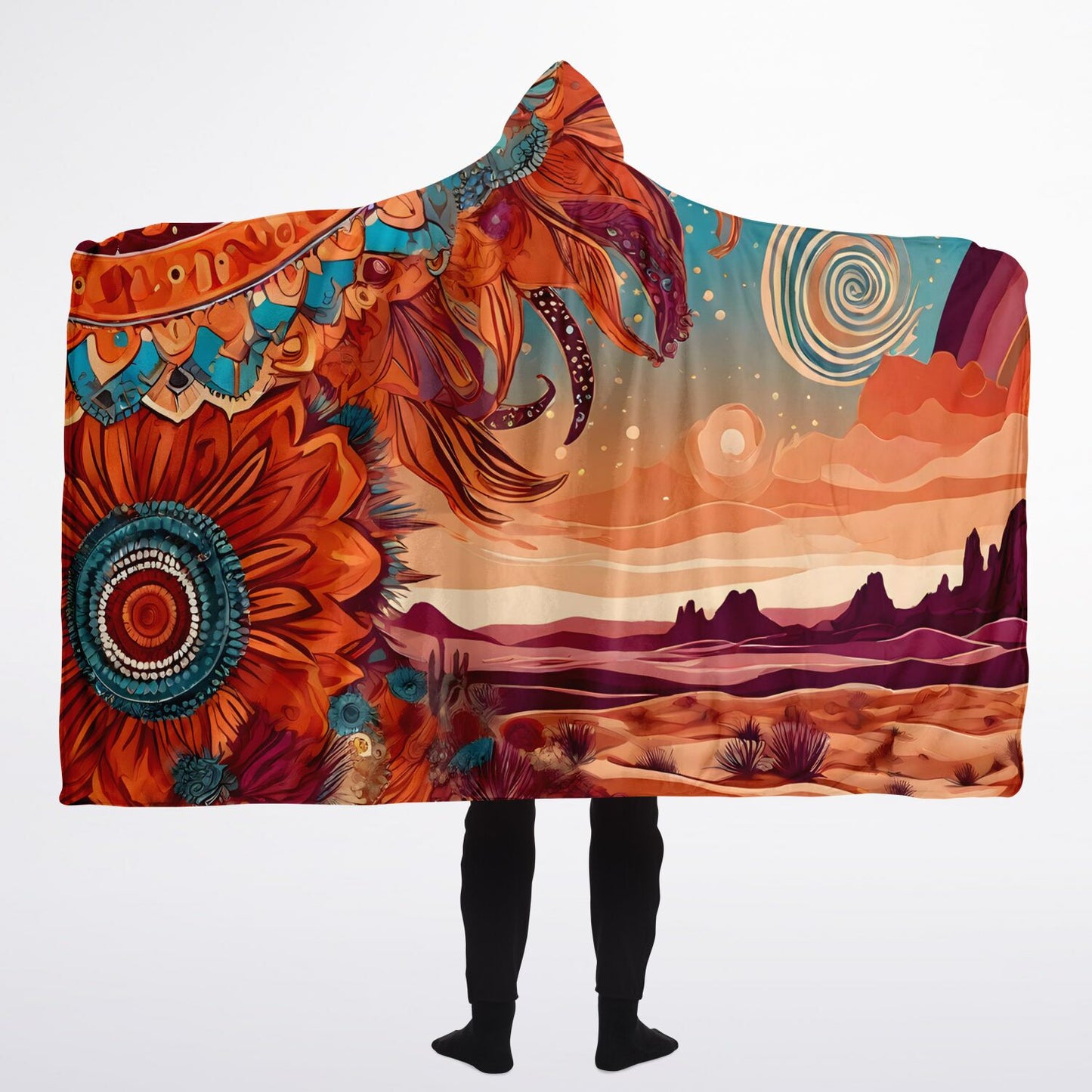 Boho Desert Hooded Blanket - Sherpa Fleece with Boho Desert Horizon and Sunflower