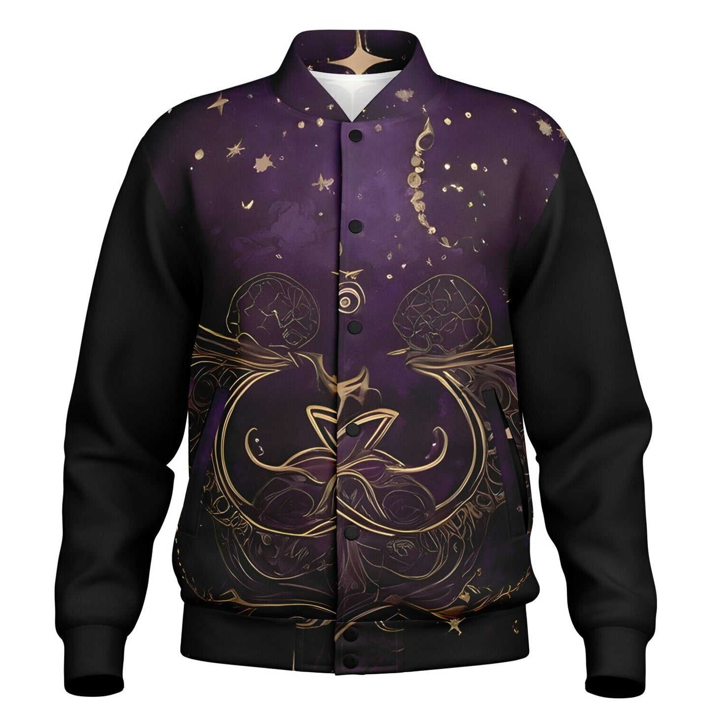 Celestial Purple Baseball Jacket - Festival Outerwear with Purple and Gold Stars