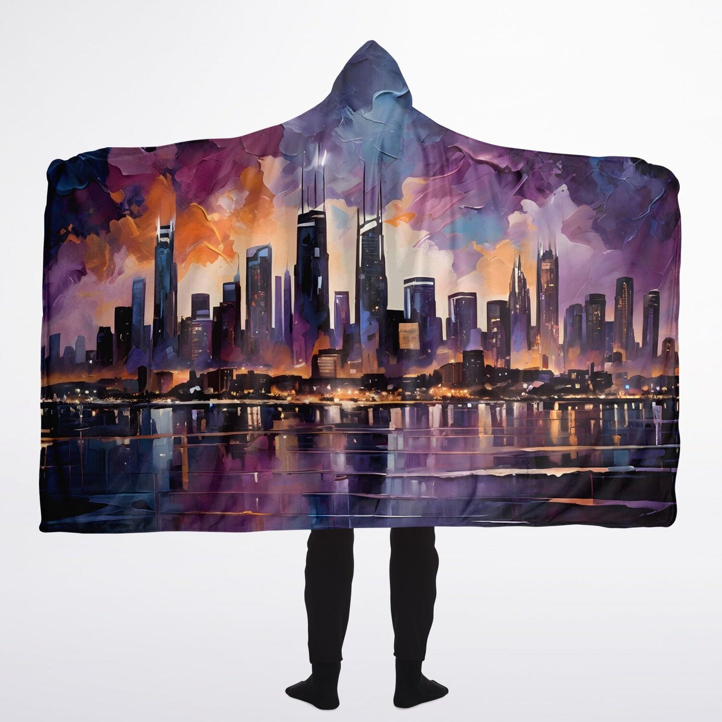 Painted Art Hooded Blanket - Sherpa Fleece with City Rave Night Horizon