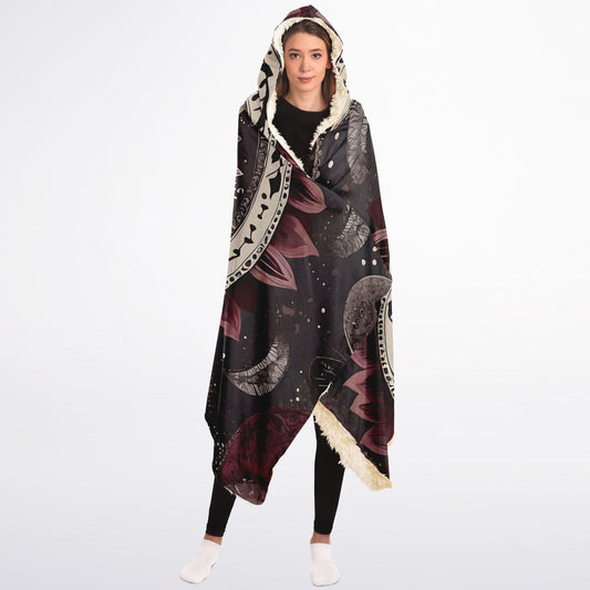 Maroon Mandala Hooded Blanket - Sherpa Fleece with Americana Boho Festival Design