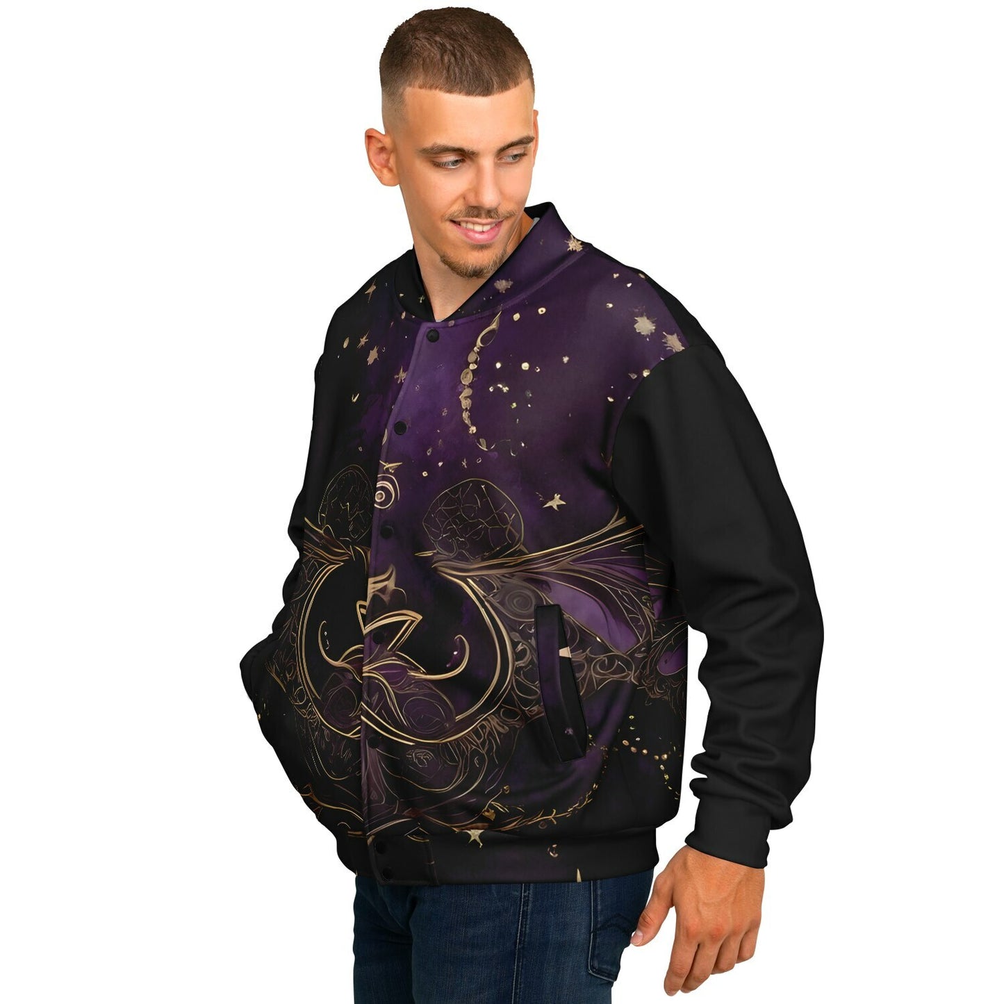 Celestial Purple Baseball Jacket - Festival Outerwear with Purple and Gold Stars