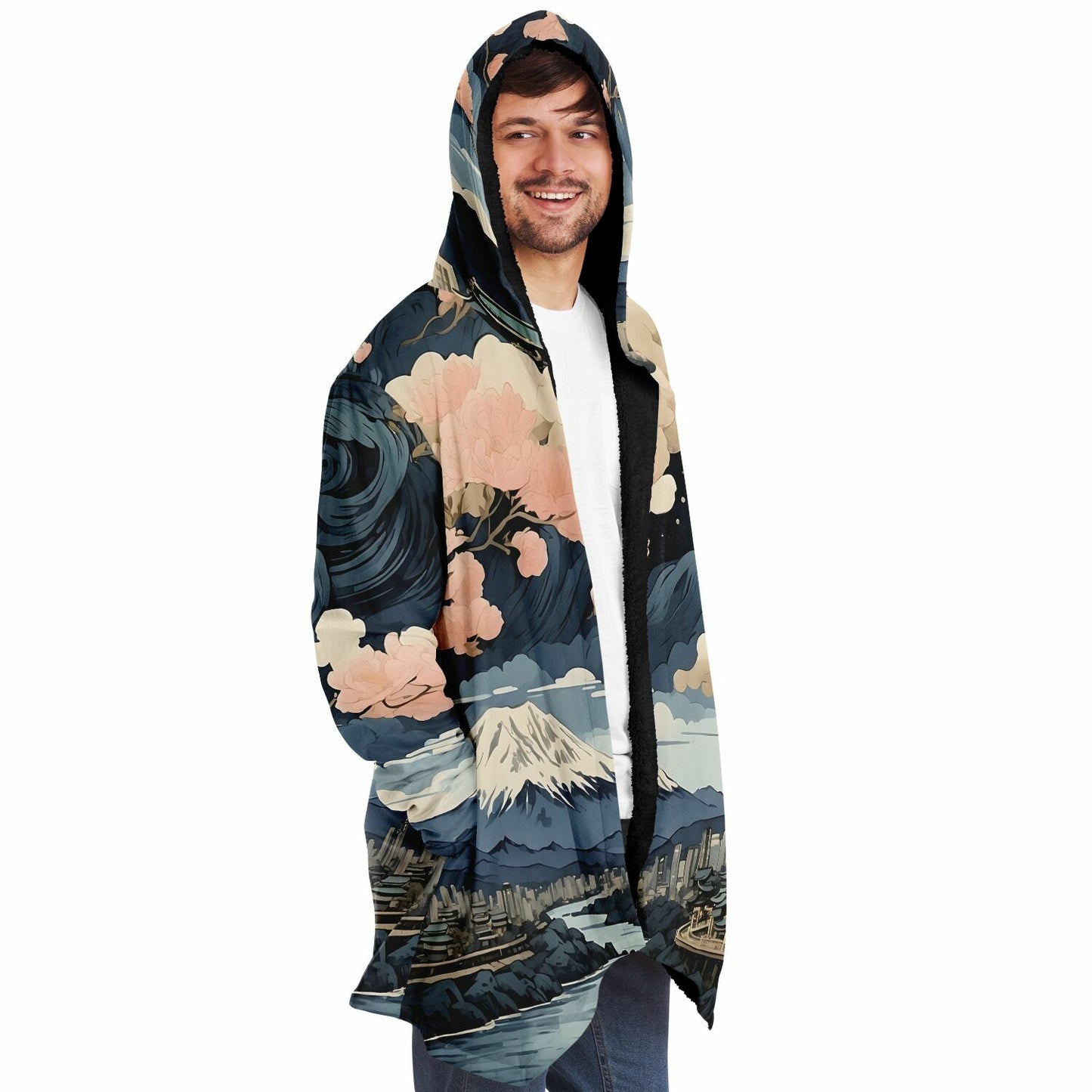 Painted Kyoto Hooded Cloak - Sherpa Fleece with Anime Japanese City Skyline