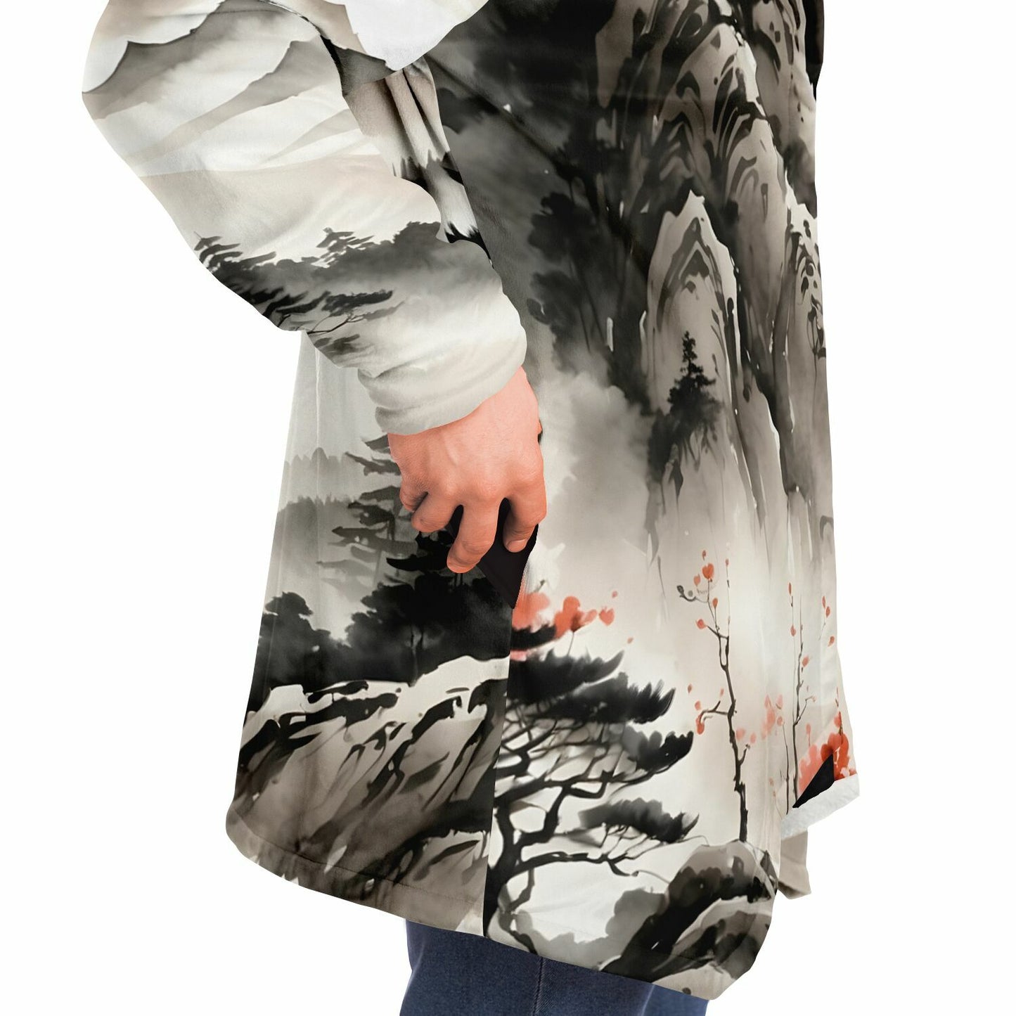 Asia Mountain Hooded Cloak - Sherpa Fleece with Fantasy Japanese Horizon