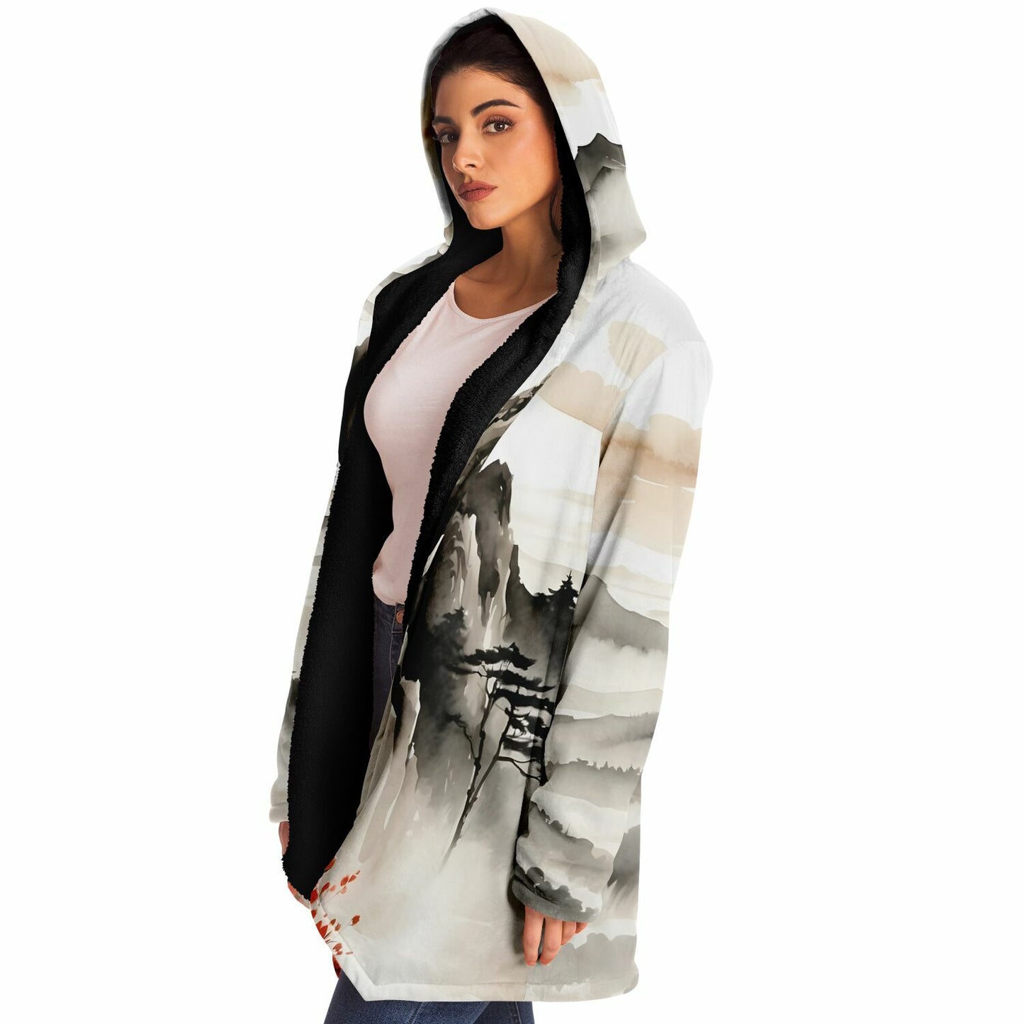 Asia Mountain Hooded Cloak - Sherpa Fleece with Fantasy Japanese Horizon