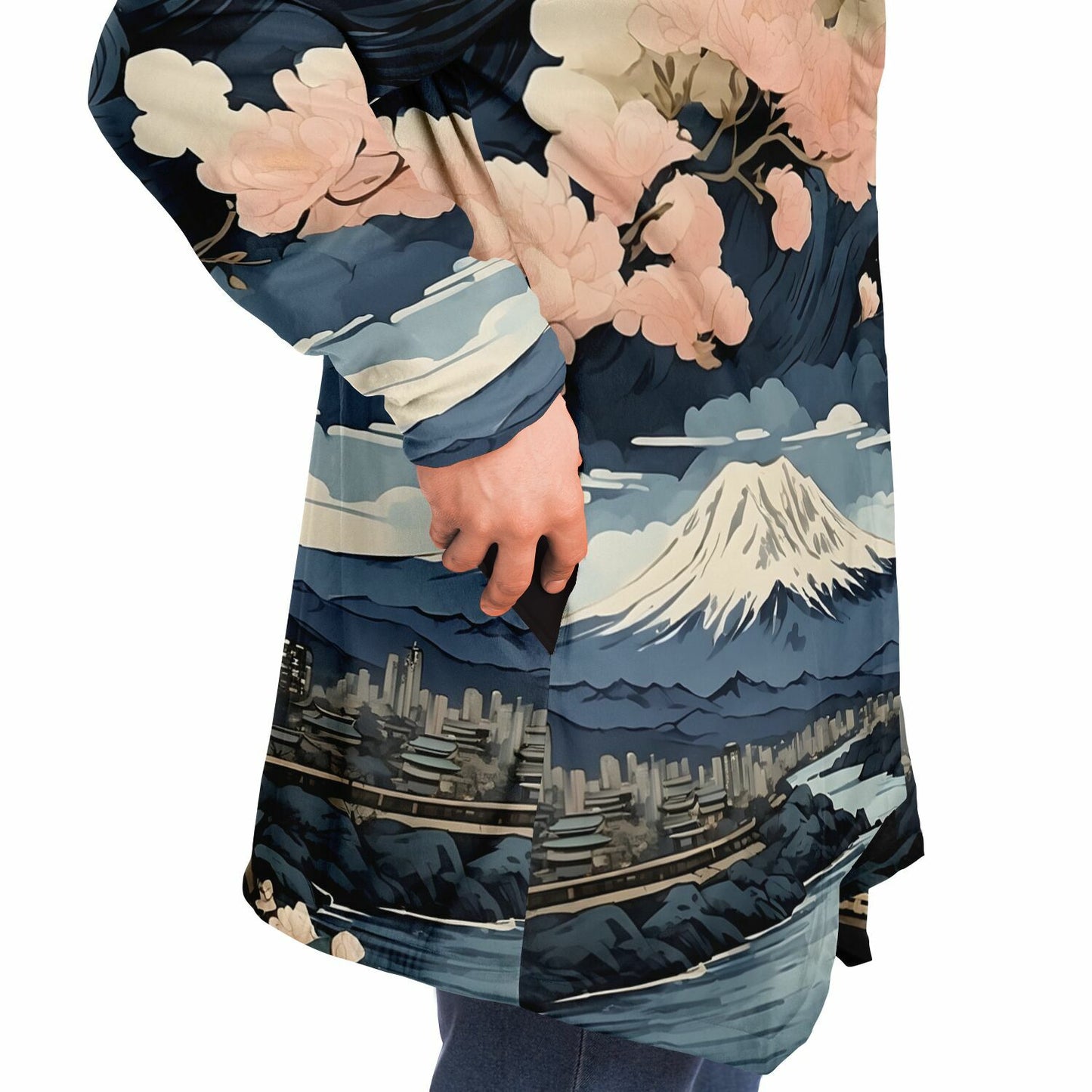 Painted Kyoto Hooded Cloak - Sherpa Fleece with Anime Japanese City Skyline